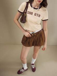 Women's Yellow Contrast Trim Brown Letter Print Round Neck Short Sleeve T-Shirt, Summer Apparel - Light Yellow - View 2