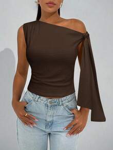 Firerie 女士春季优雅浪漫时尚通勤性感优雅风格，适合派对、度假、浪漫约会和婚礼生日，针织纹理不对称肩部系带前部紧身杏色 T 恤 - 咖啡棕 - 查看 3