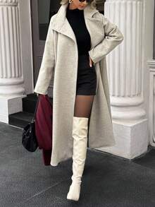 Xyvia 秋冬女装休闲高领纽扣腰带中长款毛呢大衣，老钱风女装/女士办公装/外出装，女士秋装 - 杏色 - 查看 4