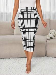 SHEIN Lady Váy midi đan kẻ caro nhiều màu thanh lịch dành cho nữ công sở thường ngày - trắng - Xem 5
