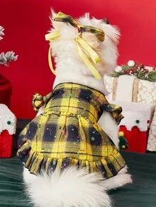 PETSIN 1PC Pet Cat Dog Universal Christmas Yellow Classic Checkered Cute Little Flying Sleeve Bow Decoration Dog Dress