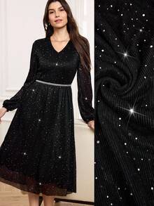 Miaspire 优雅派对女士连衣裙，网眼亮片面料泡泡袖修身喇叭裙，V 领黑色优雅中长连衣裙，适合优雅外出、派对和聚会，秋冬季 - 黑色 - 查看 2