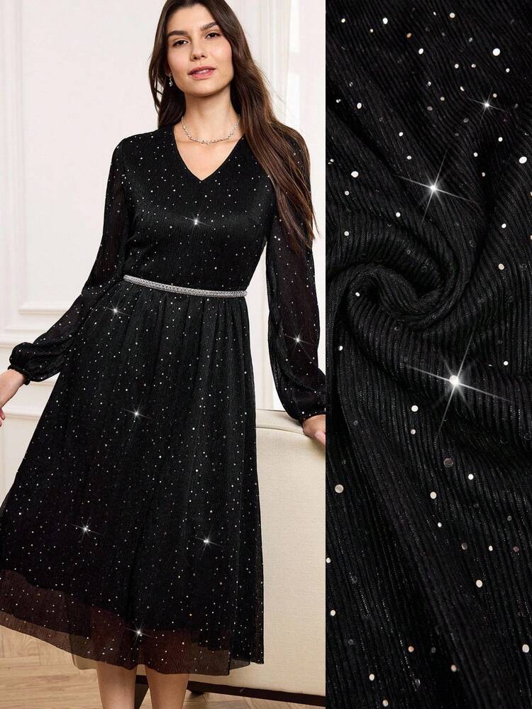 Elegant Party Women's Dress, Mesh Sequin Fabric Puff Sleeve Fit & Flare Dress, V-Neck Black Graceful Midi Dress, Suitable For Elegant Outings, Parties And Gatherings, Autumn/Winter Black Glitter Dress Black Sparkle Dress Long Sleeve Elegant Dress Elegant Midi Dress Celestial Dress, Fall Clothes For Women,Lack Dress,Wedding Guest Party Dress