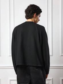 SUMWON 宽松长袖华夫格针织插肩袖圆领上衣家居服毛衣冬季秋季简约基本款休闲街头服饰 - 黑色 - 查看 3