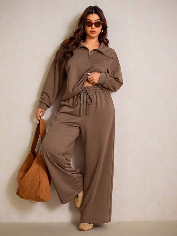 Elaquor Plus Size Women Solid Color Drop Shoulder Long Sleeve Zip-Up Half Placket Hoodie And Pants Casual 2 Pieces Set Spring