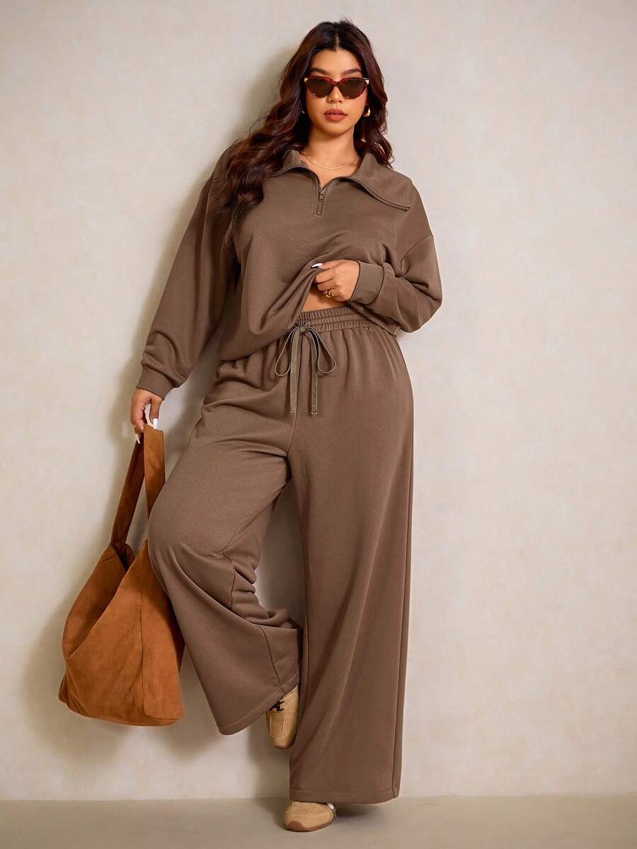 Elaquor Plus Size Women Solid Color Drop Shoulder Long Sleeve Zip-Up Half Placket Hoodie And Pants Casual 2 Pieces Set Spring