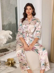 LuxeNights 女士新款优雅奢华七分袖短款睡袍和裤子睡衣套装，秋冬秋季服装 - 彩色 - 查看 4