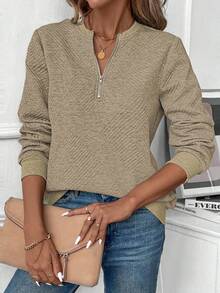 SHEIN LUNE Women's Autumn Sweatshirt, Notch Neck, Long Sleeve, Raglan Sleeve, Ribbed Splice, Zipper Decor, Textured Fabric - Apricot - View 4