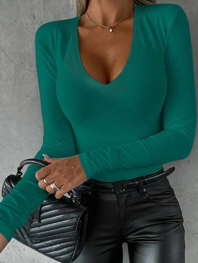 INAWLY Maglietta a maniche lunghe con scollo a V semplice, casual e minimalista per l'autunno