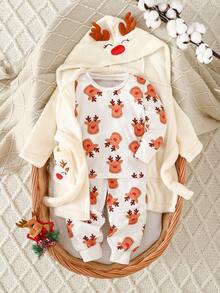 3 件套女婴拉绒连帽家居服套装，针织拉绒长袖上衣和裤子，可爱卡通鹿图案，秋冬 - 杏色 - 查看 8