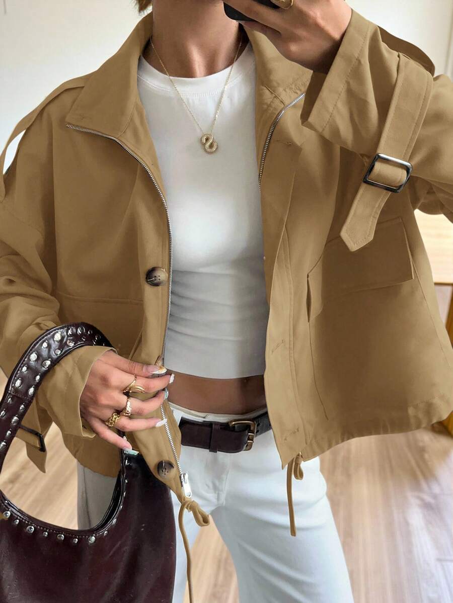 SHEIN EZwear Áo khoác trench coat ngắn giản dị, thời trang rộng rãi, đa năng, có khóa kéo, màu nâu, quần áo thu đông dành cho nữ - Màu Khaki - Xem 1