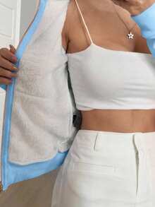 SHEIN PETITE 1pc Women's Casual Hooded Zip-Up Sweatshirt Jacket, Apricot Thermal Lining, Drawstring, Slim Fit, Comfortable, Versatile For Daily Wear, Blue, Autumn/Winter