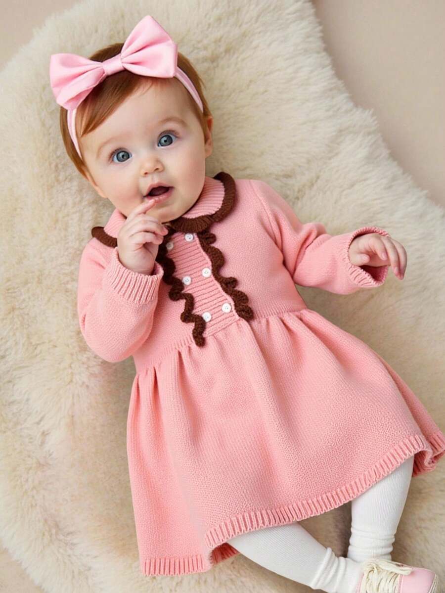 SHEIN Gaun Rajut Lengan Panjang Berkerah Ruffle Gaya Putri yang Modis, Pas Badan, Manis, Elegan, Cocok untuk Jalan-jalan di Musim Semi, Musim Gugur, dan Musim Dingin - Berwarna merah muda - View 1