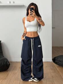 Coolane Women's Summer Basic Striped Wide Leg Sweatpants - Navy Blue - View 5