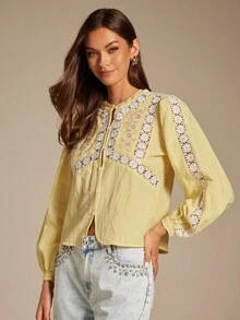 Enchnt Fall/Winter Romantic Women's Yellow Floral Lace Patchwork Round Neck Lantern Sleeve Single-Breasted Fashion Blouse, Casual & Comfortable For Birthday & Holiday Party & Sweet Date & Daily Commuting & Vacation,Fall Blouse For Women,Autumn Clothes