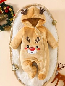 SHEIN 新生儿圣诞刺绣连体衣，男女通用婴儿服装 - 棕色 - 查看 3