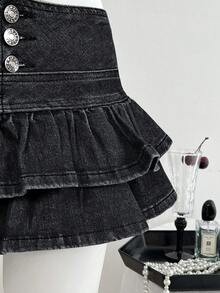 Elamini 女式休闲荷叶边牛仔迷你裙，夏季 - 黑色 - 查看 3