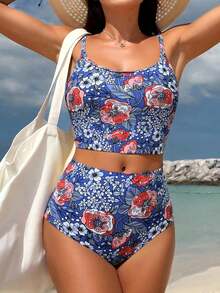 Swim Vcay Random Printed Tankini Set For Beach In Summer Vacation Two Pieces Sethigh Waisted Bikini Set - Multicolor - View 1