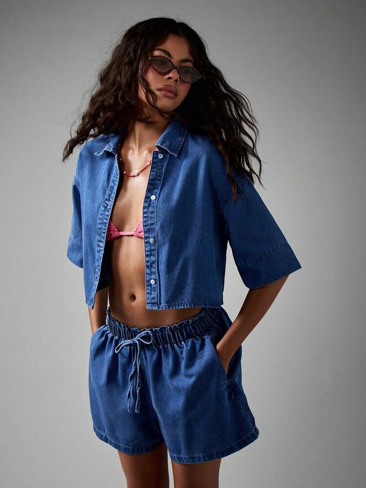 AiiRZ Ladies Denim Co-Ord Crop Button Down Shirt And High Rise Baggy Shorts Summer Beach Festival Casual Street Style Two Piece Set