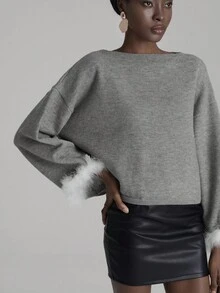 SHEIN Unity Women's Elegant Loose Off Shoulder Long Sleeve Gray Sweater, Furry Sleeves Lace-Trimmed Top, Autumn, Brunch, Green And White New Year Party - Grey - View 5