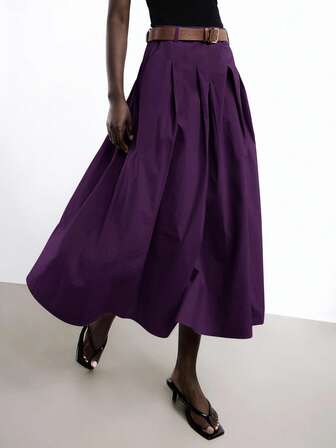 Maija 紫色高腰褶裥侧袋设计可拆卸PU皮金属腰带女裙，优雅百搭，适合派对和都市通勤