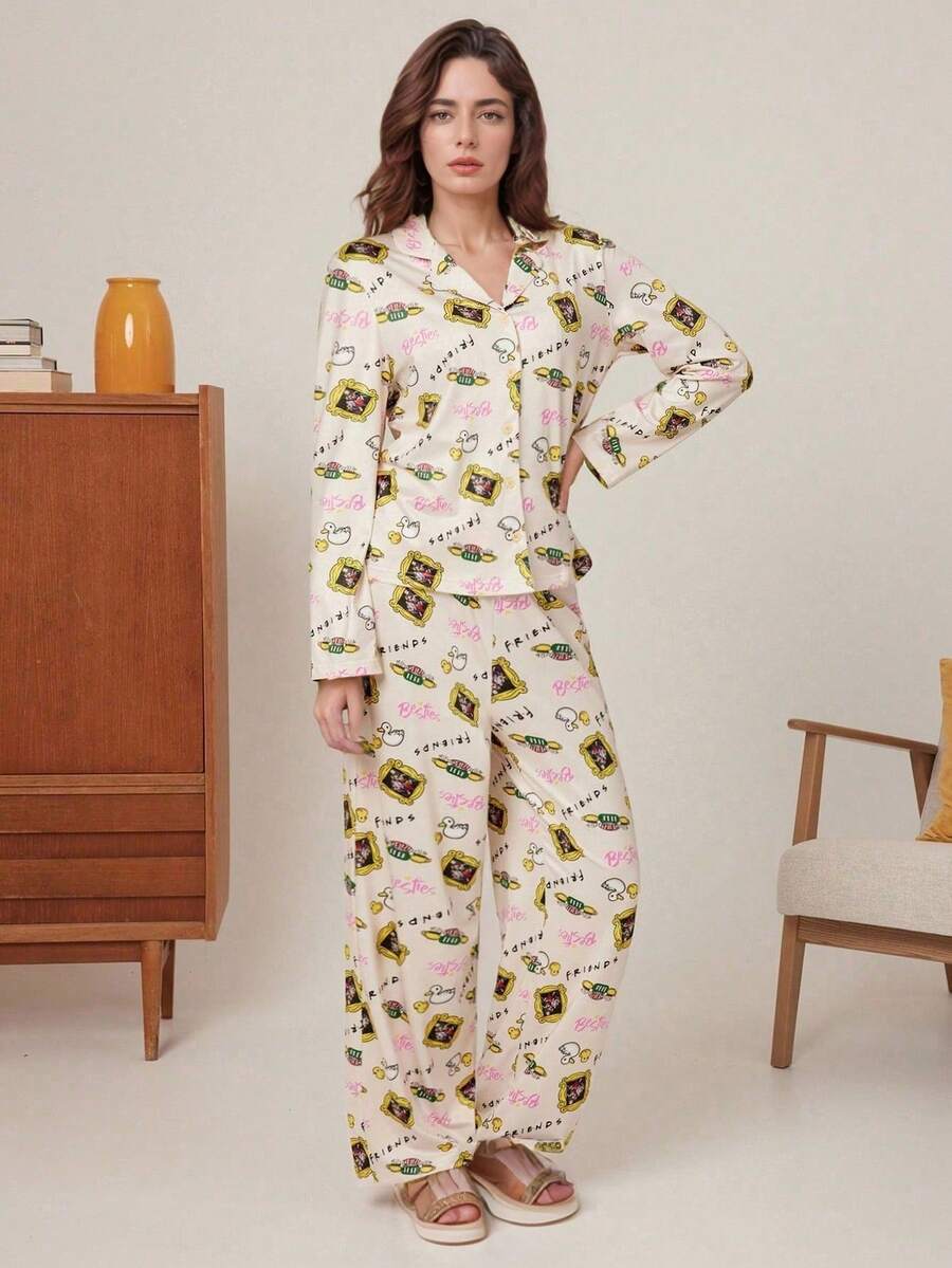 FRIENDS X SHEIN 女士舒适印花长袖上衣和裤子睡衣套装，秋季，秋装