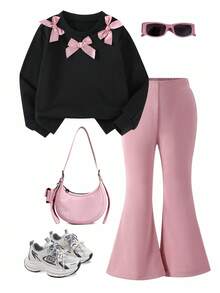 SHEIN 2件套年轻女孩简约时尚粉色蝴蝶结黑色上衣和粉色裤子运动服套装 - 彩色 - 查看 3