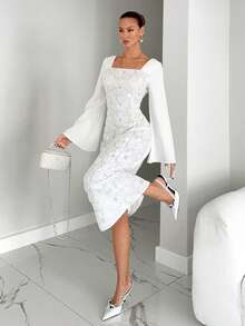 Siren Gaze Women's Elegant Party Sequin Patchwork Flare Sleeve Dress Winter New Year White