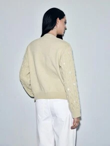 Lumivelle Cárdigan de punto con cuello redondo color caqui claro para mujer con aplicaciones de lentejuelas, delicado y elegante - Caqui - Ver 2