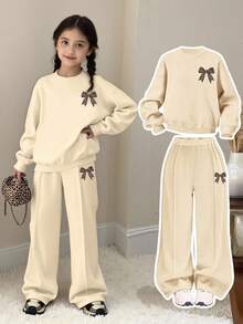 一套女童休闲豹纹蝴蝶结印花圆领卫衣和运动裤套装，秋冬季 - 卡其色 - 查看 3