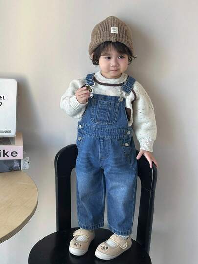 SHEIN Casual Mångsidiga Lösa Dagliga Kläder Baby Pojkar Blå Denim Haklappbyxor