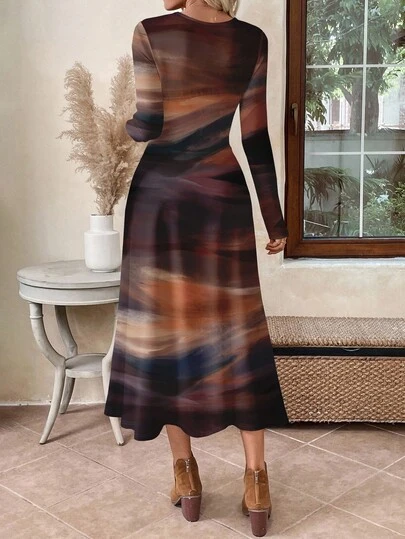 EMERY ROSE Women's Brown Smudged Print Long Sleeve Dress, Midi Dress Elegant, Fall Women Clothes, French Sophistication, Afternoon Tea. Vacations, Gift For Mom. Casual Outings Teacher Outfits, Vintage-Inspired S