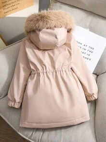 Sparklyn 年轻女孩时尚厚实保暖内衬优雅简约时尚蓬松领长款户外派对外套，卡其色