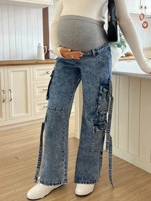 SHEIN 孕妇休闲百搭口袋阔腿工装牛仔裤 - 中等水洗藍 - 查看 4