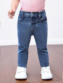 SHEIN 女婴时尚休闲弹力斜口袋水洗牛仔裤 - 深色水洗藍 - 查看 2