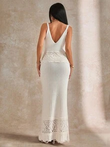 EURMUSE Conjunto de 2 peças de blusa de malha com detalhes vazados e saia de suéter de cor sólida para mulheres - Creme - Ver 2