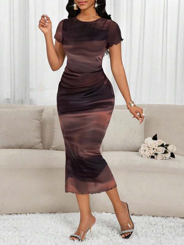 SHEIN Lady Women's Fashionable Mesh Printed Short Sleeve Long Dress, Spring/Summer Women S Clothes Women Summer Clothing Work Summer Dresses Midi Dress Beach Party Graduation Dress Office Outfits For Women Airport Summer Honeymoon Woman Dress For Women Boho,Dresses For Women Summer