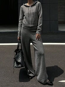 DAZY 女式纯色长袖拉链连帽开衫和针织裤休闲两件套，秋季 - 灰色 - 查看 2