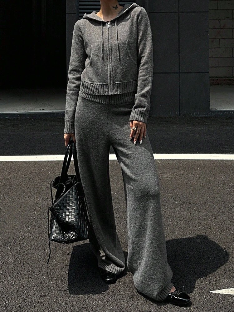Women's Solid Color Long Sleeve Zip-Up Hooded Cardigan And Knit Pants Casual 2 Pieces Set, Autumn