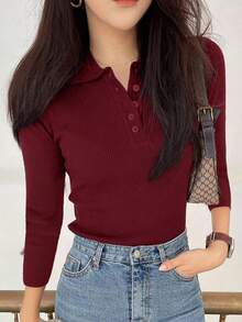 DAZY Women 5/8 Sleeve Knit Polo Collar Partial Zip Up Sweater Summer Fall