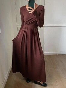 DAZY Vestido casual de mujer de unicolor con cuello en V cruzado, manga larga y plisado - Marrón - Ver 3