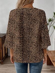 EMERY ROSE Áo cánh tay 3/4 cổ chữ V họa tiết da báo giản dị dành cho nữ, phù hợp cho mùa xuân và mùa thu - màu nâu - Xem 2