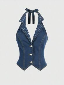 ROMWE Grunge Punk 女款 Y2K 性感露背铆钉牛仔短款上衣 - 藍色 - 查看 1