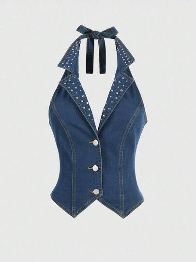 ROMWE Grunge Punk Women's Y2K Sexy Halter Rivet Denim Crop Top