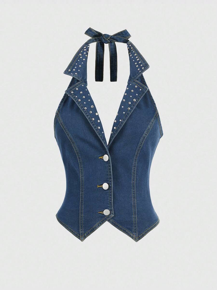 ROMWE Grunge Punk 女款 Y2K 性感露背铆钉牛仔短款上衣 - 藍色 - 查看 1