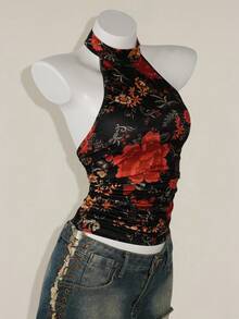 SHEIN ICON Y2K 夏季外出波西米亚西部乡村音乐会女式性感露背花卉印花挂脖上衣，夏季 - 彩色 - 查看 3