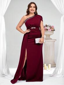 Coutiva Plus Size Formal Evening Gown (Heavily Embellished) - Burgundy - View 5