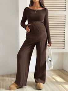 SHEIN 2pcs Maternity Casual Commuting Solid Color Asymmetrical Collar Fitted T-Shirt And Adjustable Waist Wide Leg Pants Set, Spring/Autumn - Coffee Brown - View 3