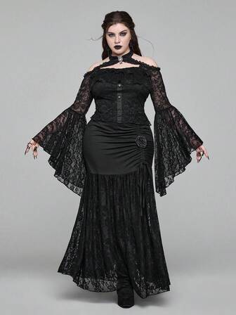 EDITION Plus Size Gothic Lace Off-Shoulder Flare Sleeve Bodycon Top For Women