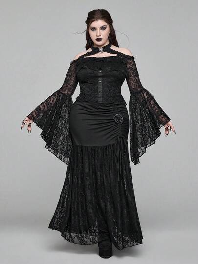 EDITION Blusa ajustada con hombros descubiertos y mangas acampanadas de encaje en talla grande para mujer